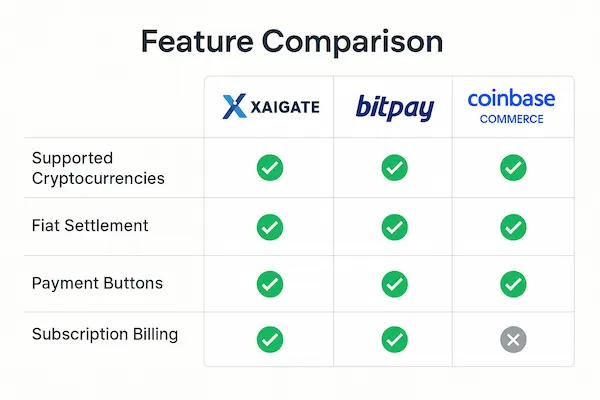 Compare XaiGate vs BitPay vs Coinbase Commerce: Full Comparison for 2025
