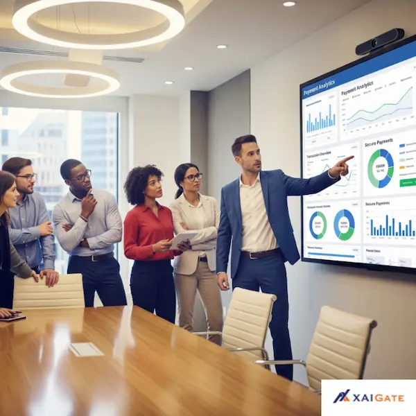 This professional team reviews payment analytics on a dashboard, highlighting the insights businesses gain when they Integrate Xaigate for crypto payments.