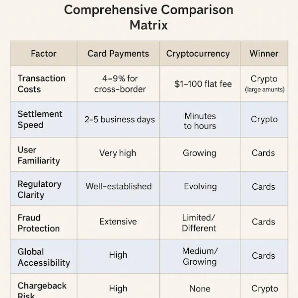Crypto vs Card Payments: Comprehensive Comparison Matrix
