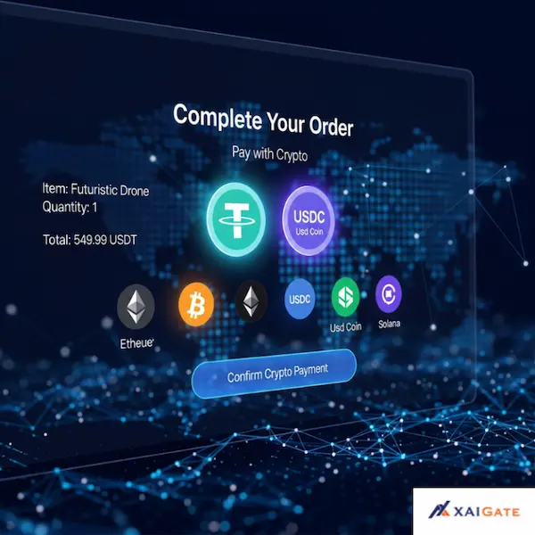 This futuristic crypto checkout interface allows customers to complete their purchases seamlessly using stablecoins like USDT and USDC.