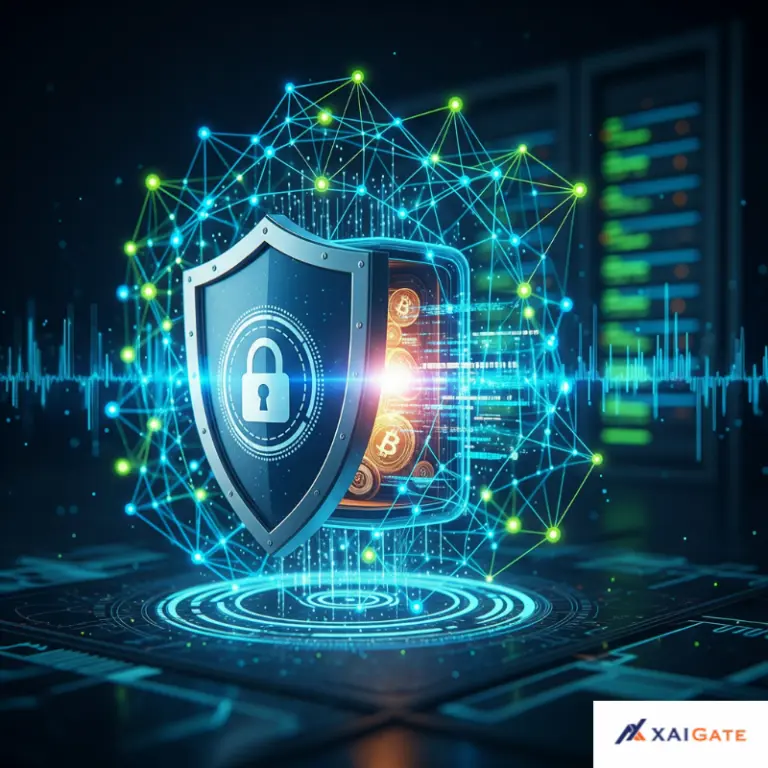 The security shield and digital network symbolize the robust protection offered when businesses Integrate Xaigate as a secure crypto payment gateway.