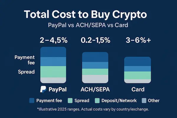 Total Cost to Buy Crypto with PayPal vs ACH/SEPA vs Card