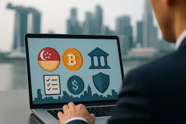 Payment Services Act Singapore Crypto - A Complete Guide for Merchants 1 Over-the-shoulder view of a merchant checking Singapore crypto compliance icons on a laptop under the Payment Services Act.