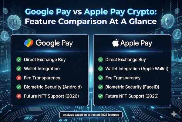 Google Pay vs Apple Pay for Buying Crypto: Which Is Better in 2026? 4 Google Pay vs Apple Pay Crypto - Feature Comparison At A Glance