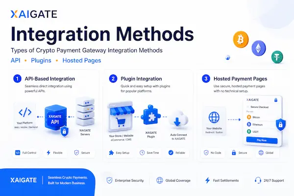 Types of crypto payment gateway integration methods including API plugins and hosted pages