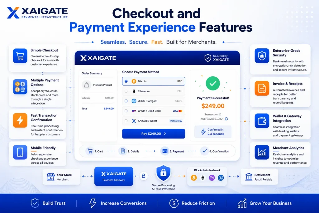 Checkout and payment experience features for XAIGATE crypto payment gateway.
