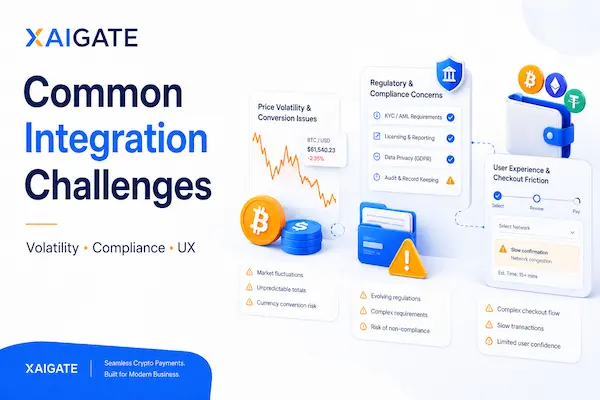 Common challenges in crypto payment gateway integration including volatility compliance and UX