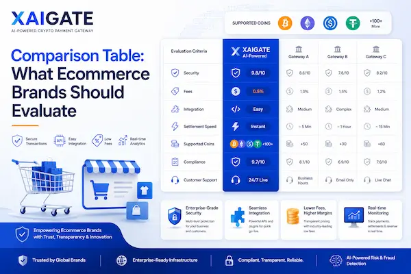 Why Ecommerce Businesses Crypto Payment Gateway in 2026 5 Ecommerce crypto payment gateway comparison table by XAIGATE