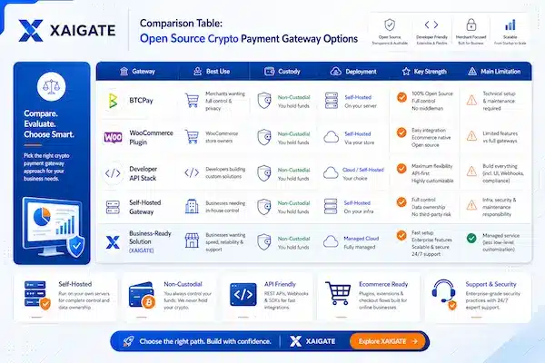Best Open Source Payment Gateway Crypto Options for Developers and Merchants 2 Comparison table of open source crypto payment gateway options