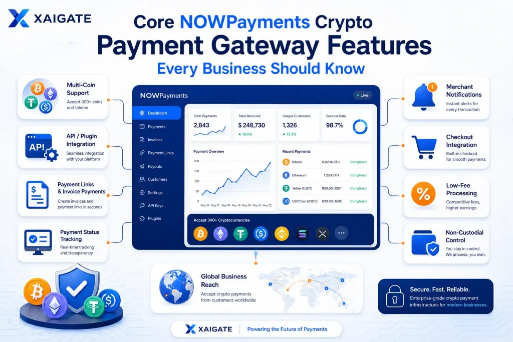 Core NOWPayments crypto payment gateway features for businesses by XAIGATE