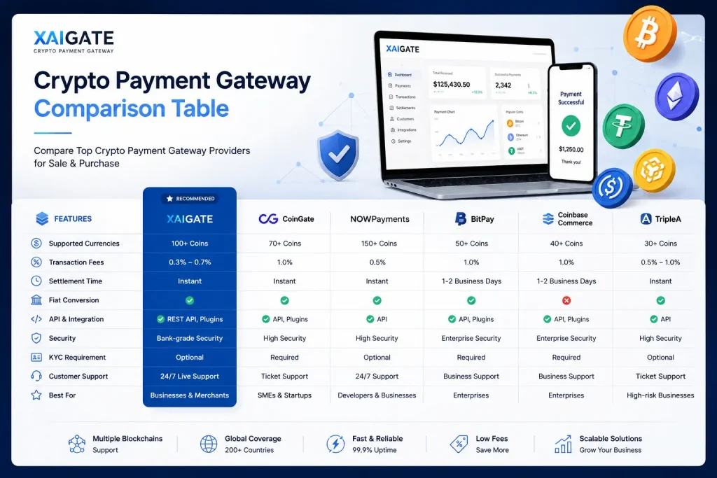 Crypto payment gateway comparison table by XAIGATE.