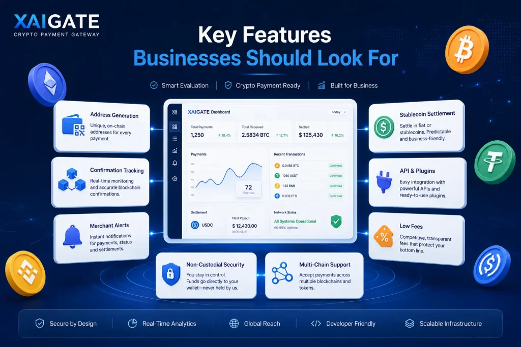 Key features businesses should look for in a crypto payment gateway by XAIGATE.