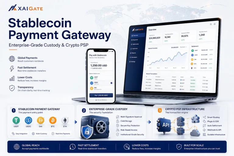 XAIGATE stablecoin payment gateway with enterprise-grade custody, crypto PSP infrastructure, USDT and USDC payments, and global transaction processing.