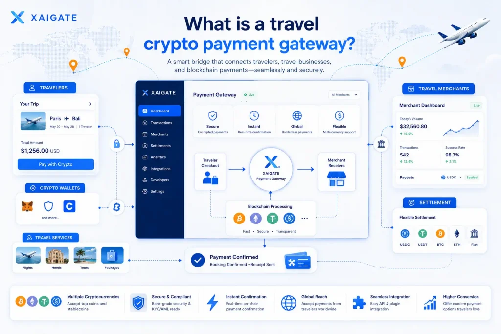 Travel crypto payment gateway connecting travelers, travel merchants and blockchain payments