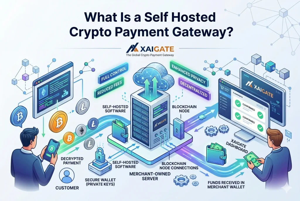 How a self-hosted crypto payment gateway works with XAIGATE branding.