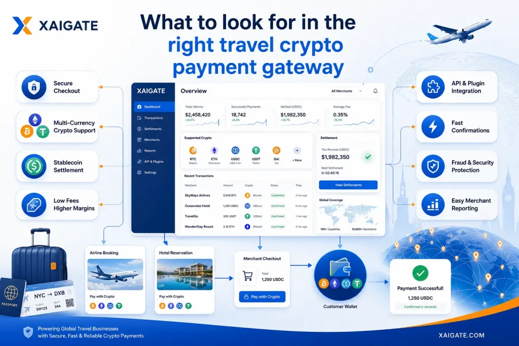 Right travel crypto payment gateway features for travel businesses by XAIGATE